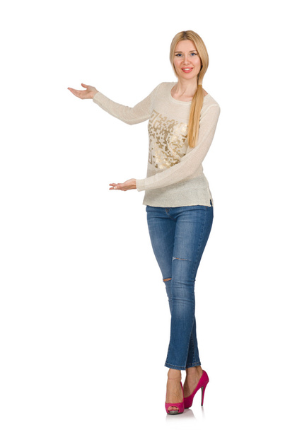 Blonde Haare Frau posiert in blauen Jeans isoliert auf weiß - Foto, Bild