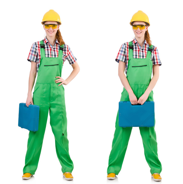 Woman in green coveralls isolated on white - Photo, Image
