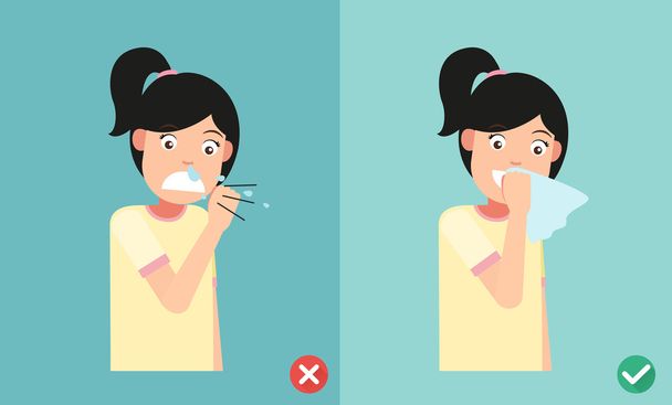 right and wrong sneezing in hand and handkerchief,illustration - Vector, Image