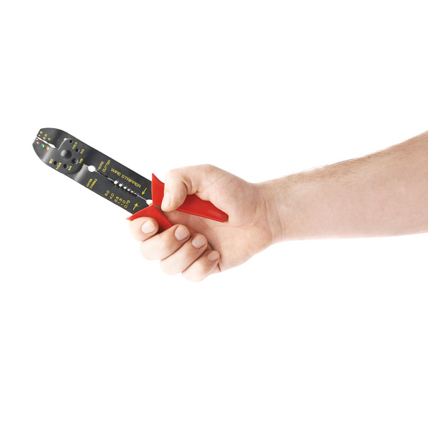 Hand holding a wire stripper tool, composition isolated over the white background - Foto, Bild