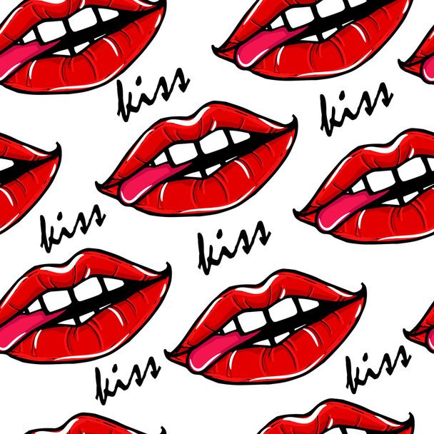 赤い唇で女性の口とのシームレスなパターン。白の背景に女性の唇。セクシーな唇のベクトル イラスト.  - ベクター画像