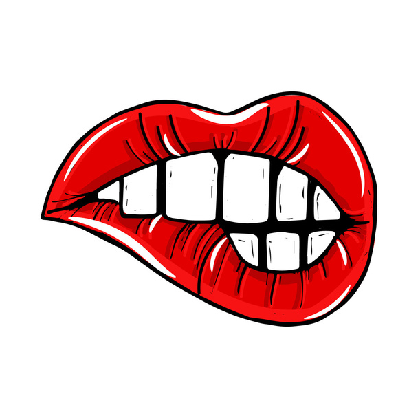 Boca femenina abierta con labios rojos mordiendo. Labios para mujer aislados sobre un fondo blanco. Ilustración vectorial de labios sexy
. - Vector, imagen