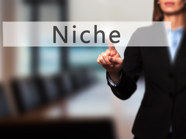 Niche - Businesswoman main appuyant sur le bouton sur l'écran tactile inter
 - Photo, image