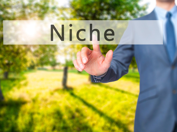 Niche - a érint képernyő interfa nyomja a kezét üzletember gomb - Fotó, kép