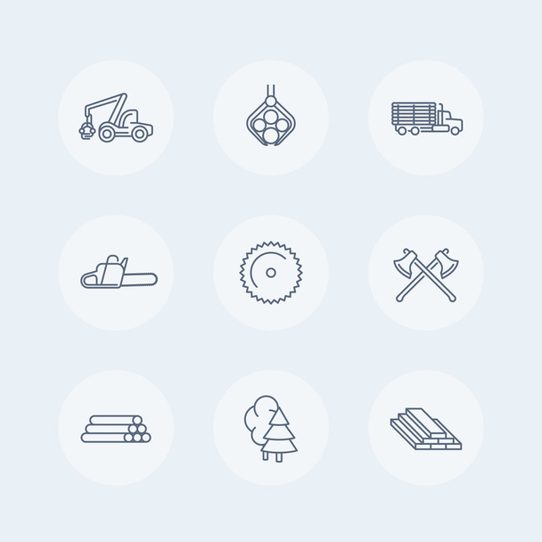 Logging line icons, forestry, timber, tree harvester, logging truck, truck with timber icons set, vector illustration - Vektör, Görsel