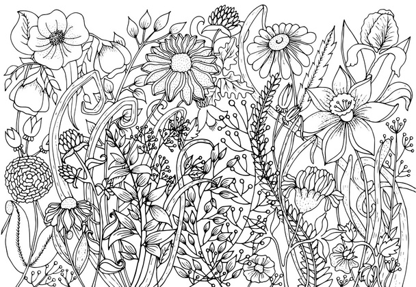 Hand drawn with ink background with doodles, flowers, leaves. Nature design for relax and meditation.  - ベクター画像