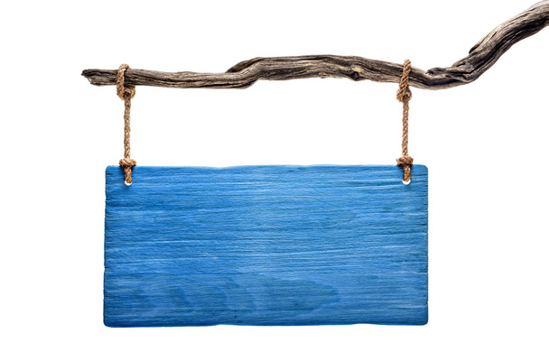 placa de madeira azul pendurado em um ramo morto
 - Foto, Imagem