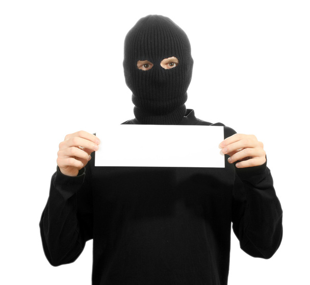 Bandit in black mask with blank card isolated on white - Zdjęcie, obraz