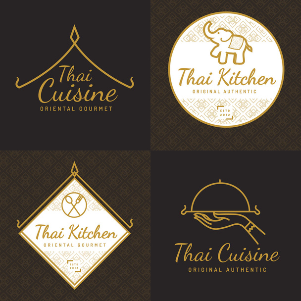 Set di colore dorato tailandese cibo logo, distintivi, striscioni, emblema per ristorante asiatico cibo con motivo tailandese. Illustrazione vettoriale
. - Vettoriali, immagini