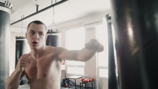 Boxeador golpeando el saco de boxeo
 - Imágenes, Vídeo