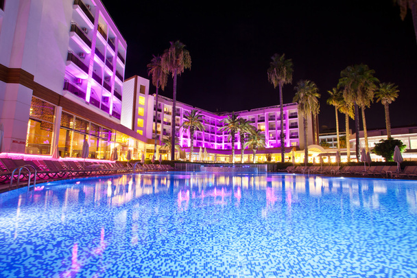 Swimming pool in the territory hotel at night.  Marmaris. Turkey - 写真・画像