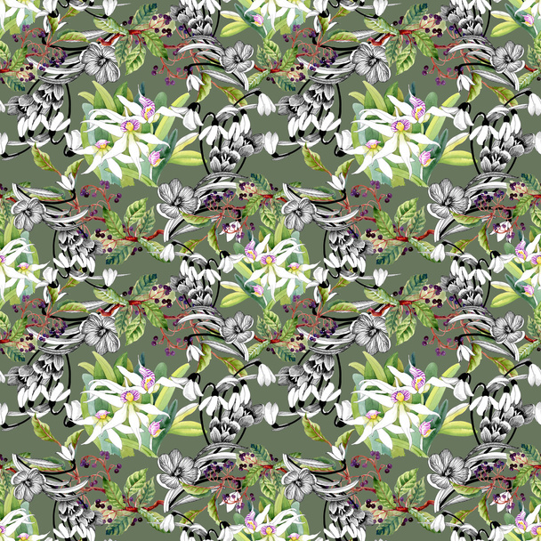 snowdrops and blooming orchids pattern - Φωτογραφία, εικόνα