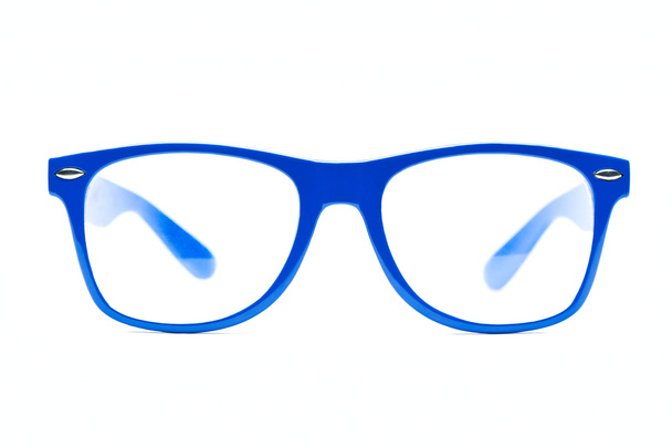 Gafas nerd azul sobre fondo blanco con ruta de recorte, lugar para texto, imagen
 - Foto, Imagen