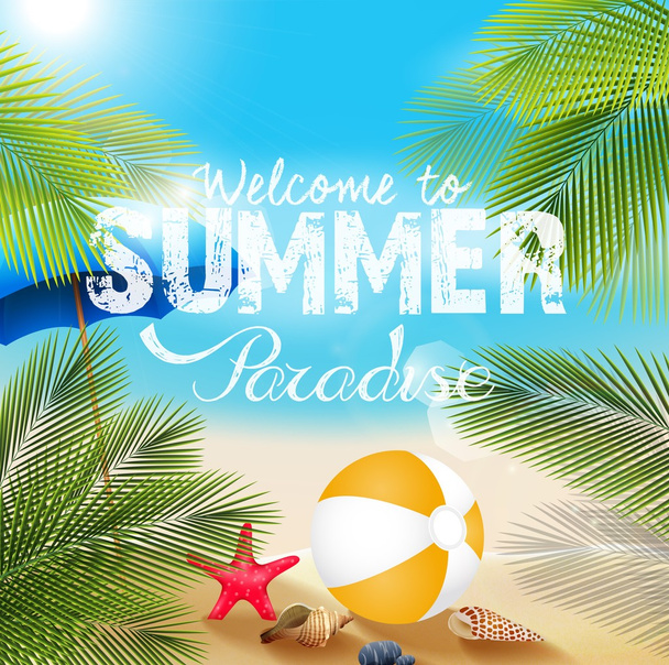 Playa de verano con Voleibol de playa y estrellas de mar
 - Vector, imagen