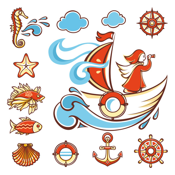 Sea set. Icons set. Girl on a sailboat.  - Vector, Image