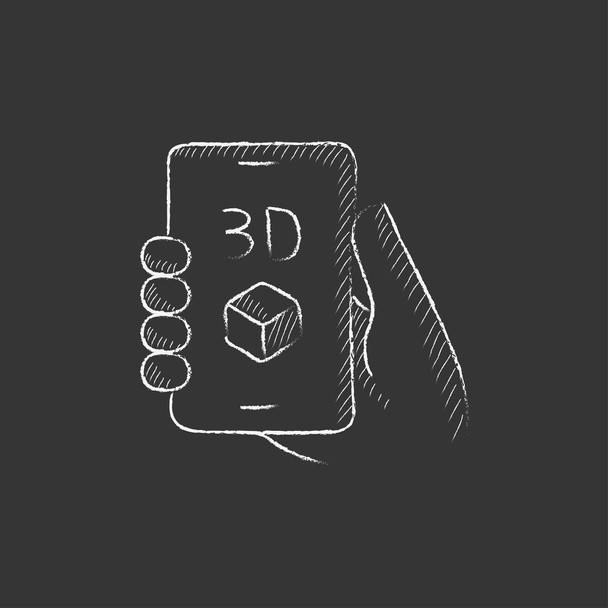 Smartphone with three D box. Drawn in chalk icon. - Vektör, Görsel