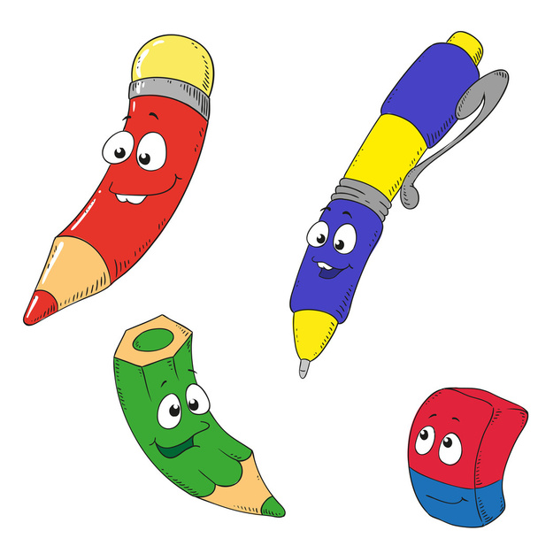 cartoon characters school set . Pencil, eraser, pen. - Vector, Image