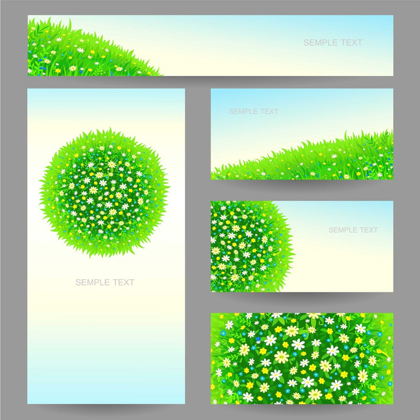 Business cards design: green meadow with flowers, a sphere from a grass. - Vector, Image