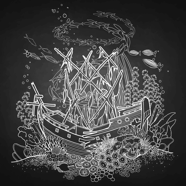 Ancient sunken ship and coral reef - Vector, Image