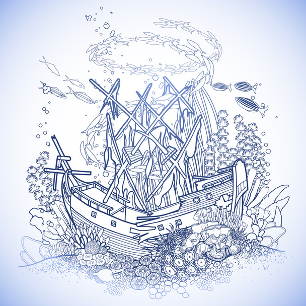 Ancient sunken ship and coral reef - Vector, Image