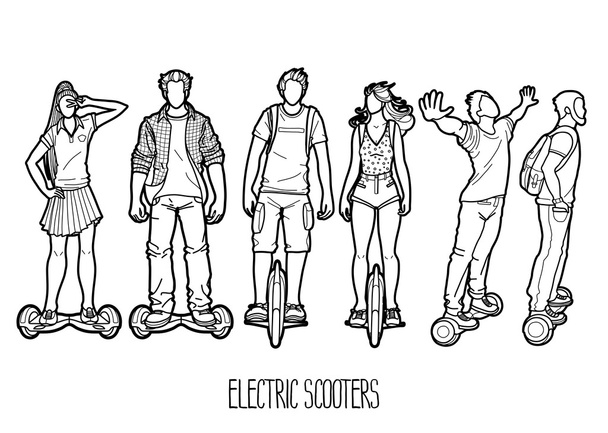 Pessoas gráficas montando em scooters elétricos
  - Vetor, Imagem