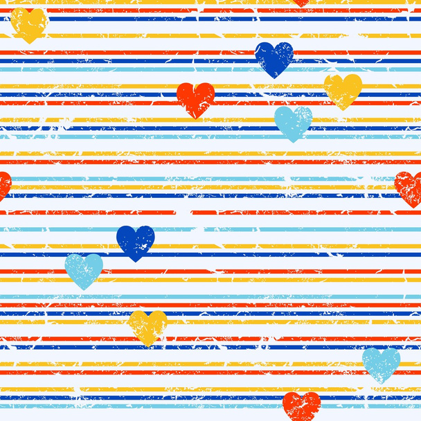 Grunge horizontal striped pattern with hearts in retro style - Vector, Imagen