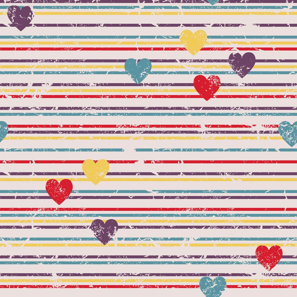 Grunge horizontal striped pattern with hearts in retro style - Vecteur, image