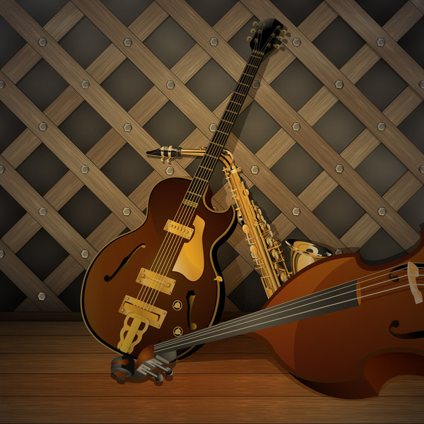 джазовые музыкальные инструменты на деревянном фоне
 - Вектор,изображение