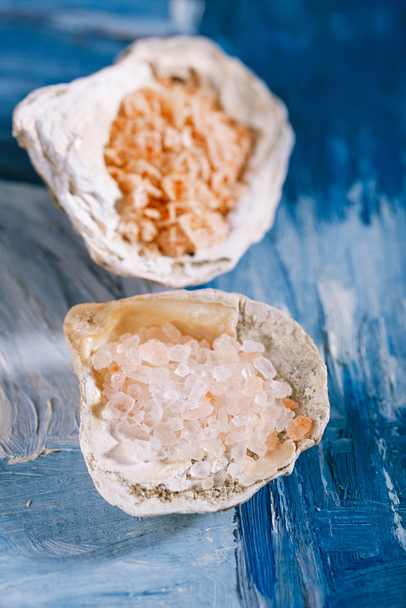 sea salt in sea shells oyster on blue  - Фото, изображение