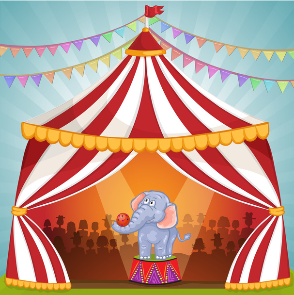 Иллюстрация слона в цирке, играющего с мячом
 - Вектор,изображение