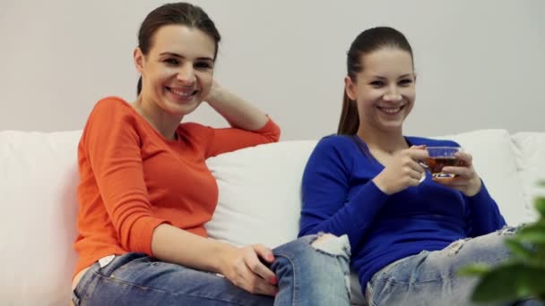 Portrait of young happy attractive woman on sofa - Footage, Video