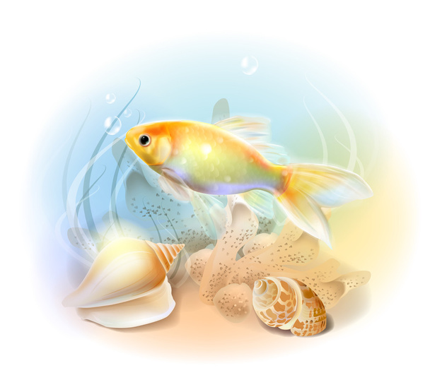 Золотая рыбка в море. Иллюстрация тропической подводной воды
 - Вектор,изображение