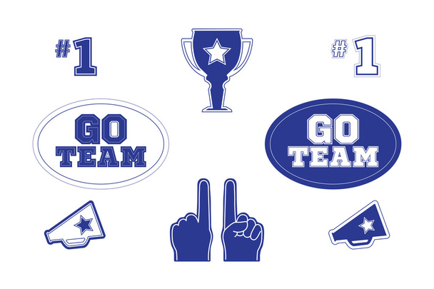 Set von Sport-Fan und Team-Symbolen, Logos, Rahmen und Text in blau und weiß.  - Vektor, Bild