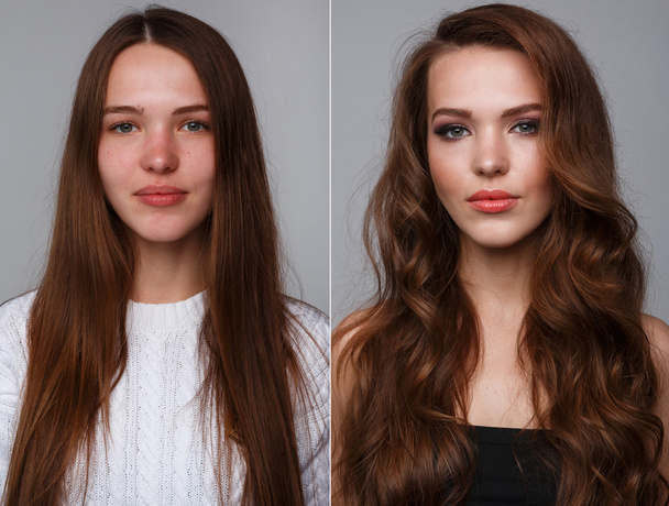 result Before and after female makeup.  - Foto, imagen