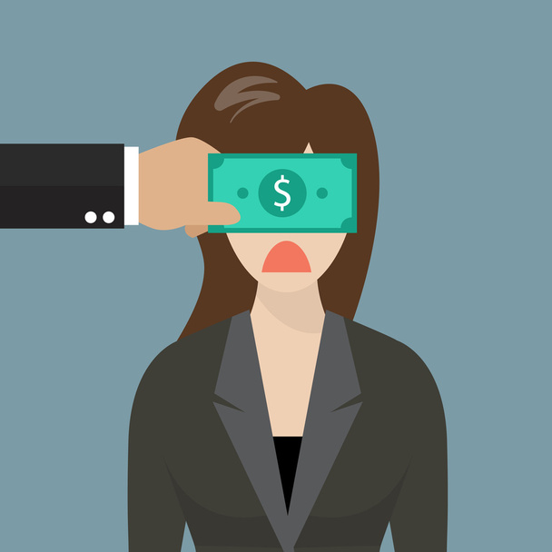 Geschäftsfrau mit Dollar-Banknote an Augen geklebt - Vektor, Bild