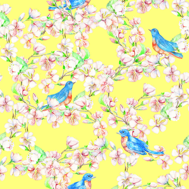 Cherry, apple, flowers, bird. Watercolor seamless pattern. - Fotografie, Obrázek