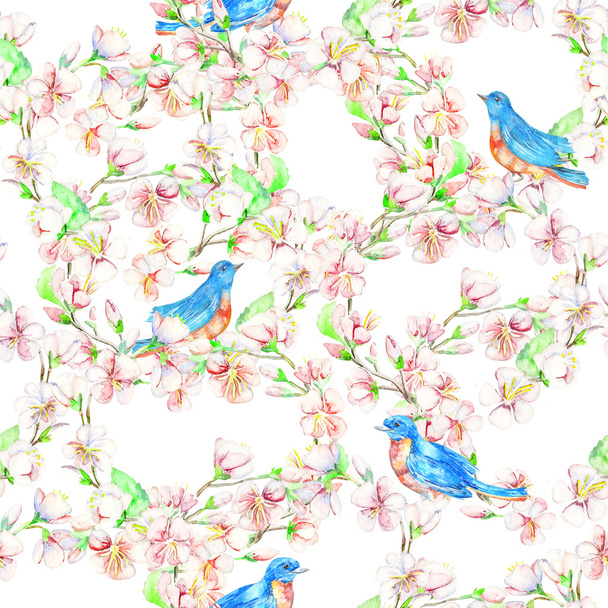 Cherry, apple, flowers, bird. Watercolor seamless pattern. - Photo, Image