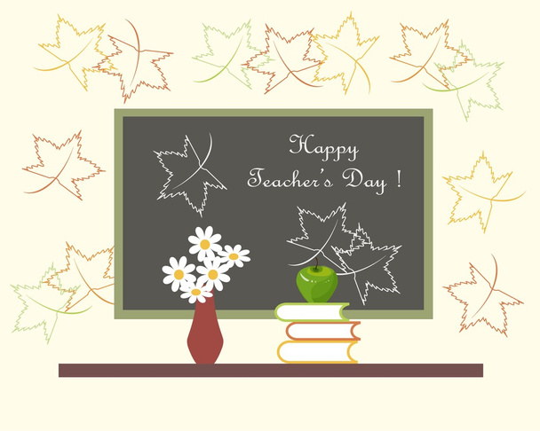 Σκούρο γκρι μαυροπίνακα με λευκά γράμματα Happy Day καθηγητές, κόκκινο vase με τα άσπρα λουλούδια, πράσινο μήλο στα βιβλία. Αφήνει ανοιχτό ροζ φόντο με περιγράμματα του σφενδάμνου - Διάνυσμα, εικόνα