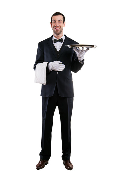 Waiter holding tray. Isolated over white background. Smiling but - Foto, Imagen