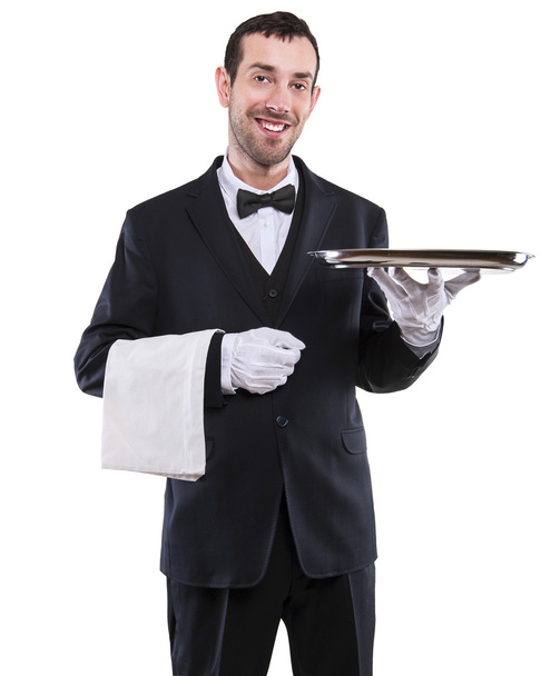 Camarero sosteniendo bandeja. Aislado sobre fondo blanco. Sonriendo pero
 - Foto, Imagen