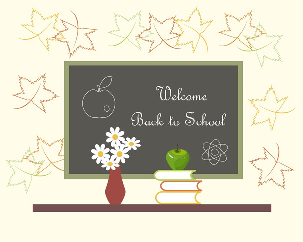 Σκούρο γκρι μαυροπίνακα με λευκά γράμματα Καλώς ήλθατε πίσω στο σχολείο κόκκινο βάζο με λευκά λουλούδια, πράσινο μήλο στα βιβλία. Αφήνει ανοιχτό ροζ φόντο με περιγράμματα του σφενδάμνου - Διάνυσμα, εικόνα