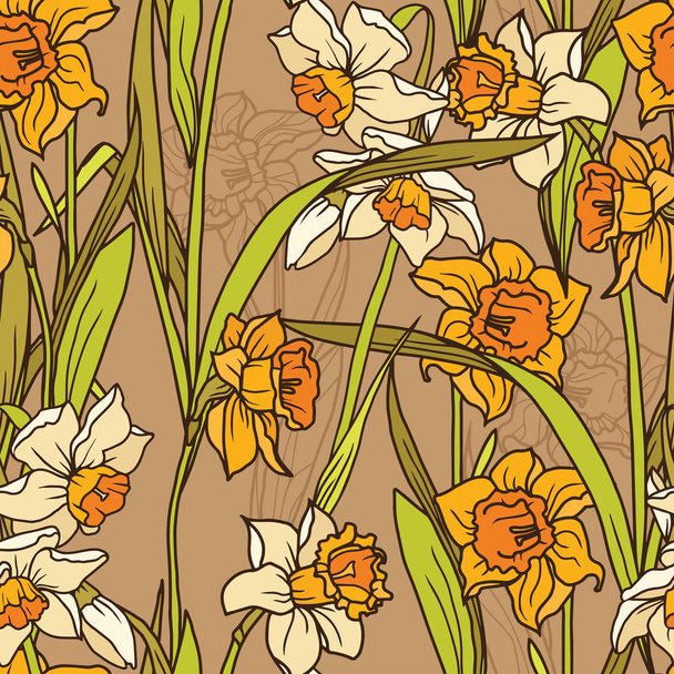 Seamless pattern with beautiful narcissus flowers in art nouveau style - Vektori, kuva