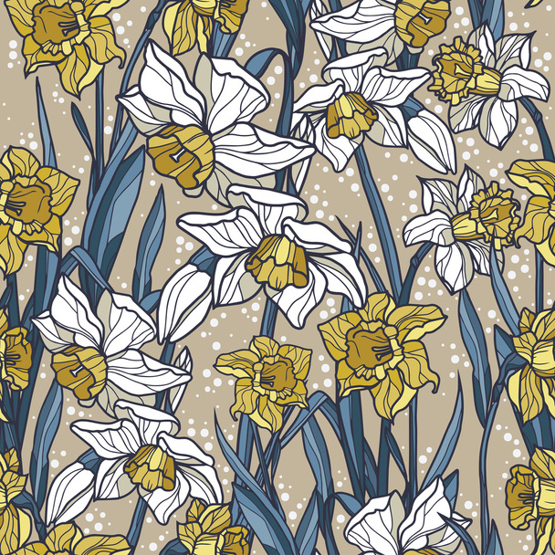 Seamless pattern with beautiful narcissus flowers in art nouveau style - Vecteur, image