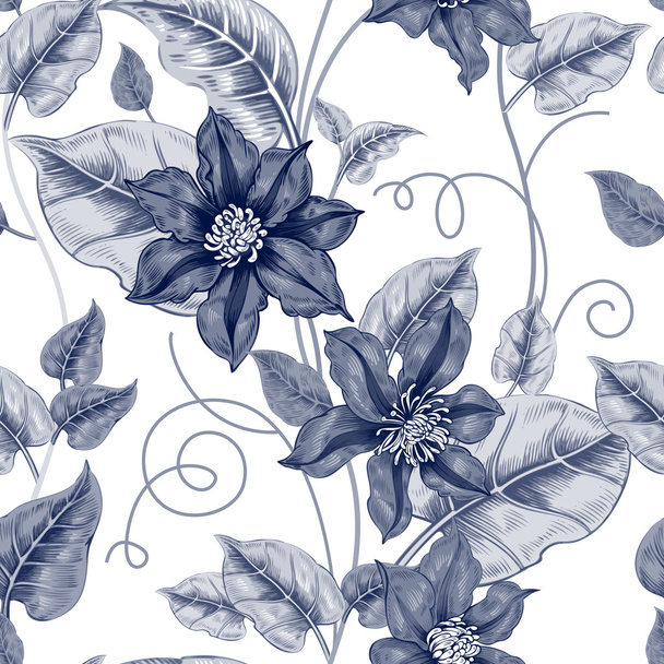 Black and white pattern with flowers clematis. - Vecteur, image