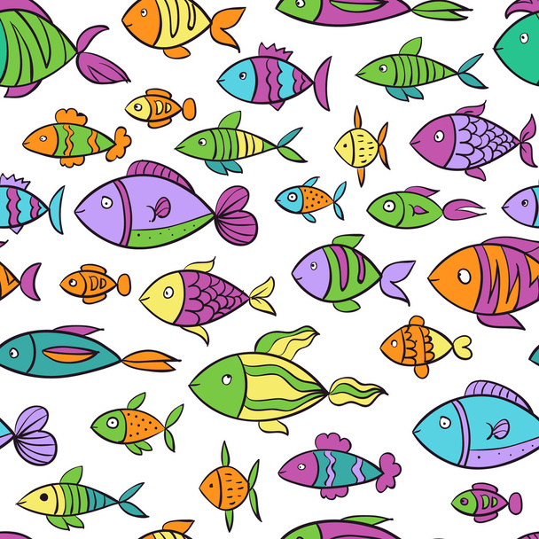 Hand drawn colorful seamless pattern with fishes - Διάνυσμα, εικόνα