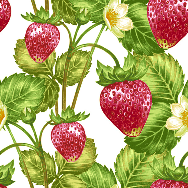 Vector seamless pattern with flowers and strawberries - Vector, afbeelding