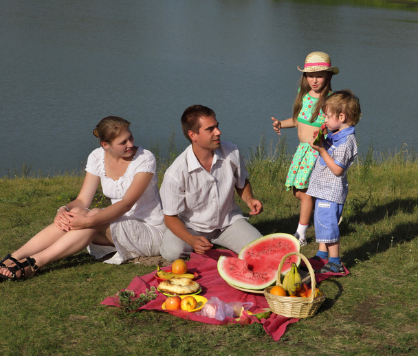 Families picnic outdoors with food - Фото, зображення