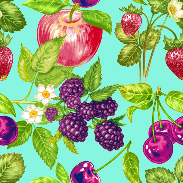 Vector seamless floral pattern with fruits and berries. - Wektor, obraz
