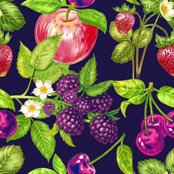 Vector seamless floral pattern with fruits and berries. - Wektor, obraz