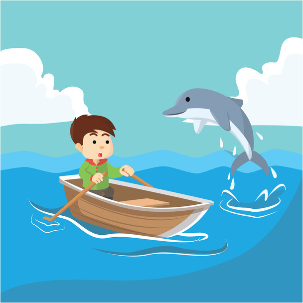 Boy at sea with dolphin - Vektor, Bild